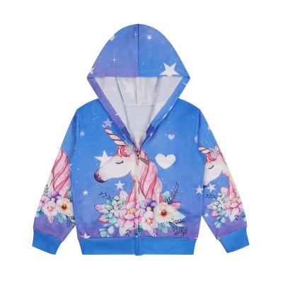 China LQSZ 2022 Autumn/Winter Girls Toddler Kids Girls Autumn/Winter Blue Floral Unicorn Cartoon Printing Milk Silk Polyester Zipper Hooded Jacket for sale