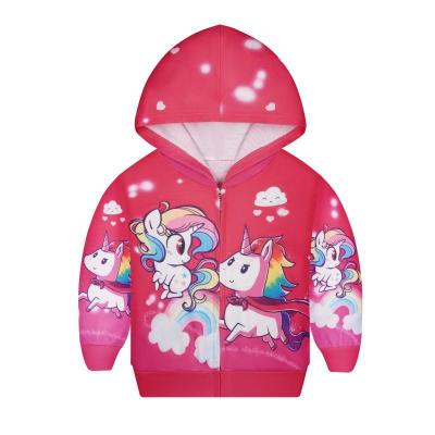 China LQSZ 2022 Winter Anti-wrinkle Girls Winter Kids Toddler Unicorn Cartoon Printing Pattern Cute Zipper Hooded Jacket for sale