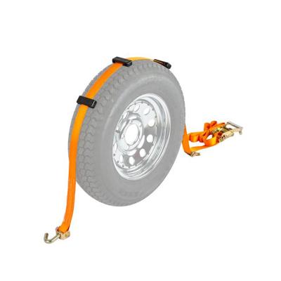 China Polyester Wheel Ratchet Tie Down Strap Tire Strap Sliding Tire Clips with J-Hook and 50mm Swivel Rubber Polyester 10000lbs ISO9001 2.5m for sale