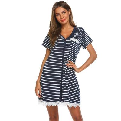 China Wholesale Amazon Stripe Lace Short Sleeve QUICK DRY Nightgown Plus Size Women Pajamas for sale