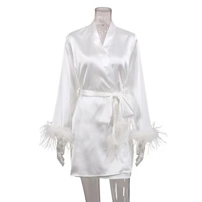 China LOGO Feather Bridesmaid Silk Bathrobe Custom Women's Kimono Sleepwear QUICK DRY Long Robe for sale