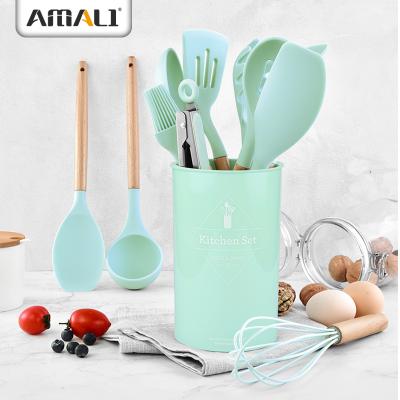 China Factory Direct Sale 12PCS Sustainable Wooden Handle Silicone Kitchen Cooking Tool Kit Silicone Tableware Heat Resistant Cooking Tools for sale