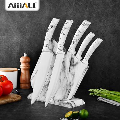 China NEW Design Viable 6 Pieces Marble Handle Block Knife With Plastic Chef Knife Set Kitchen Stainless Steel for sale