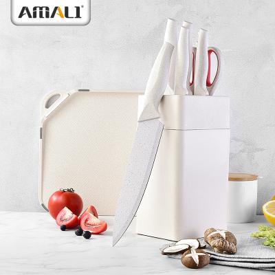 China 8PCS Stainless Steel Viable Kitchen Knife Set With Straw Knife Block Wheat Straw Cutting Board Kitchen Scissors for sale