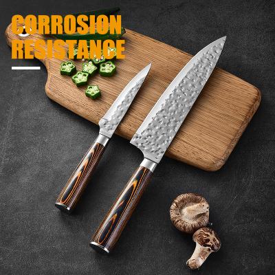 China Sustainable High Quality Hammered Forged Stainless Steel Kitchen Knife Set With Pakka Wood Handle Kitchen Chef Knife for sale