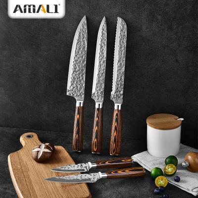 China Viable Hammered Knife Forged Stainless Steel Japanese Kitchen Knives Set With Pakka Wood Handle Kitchen Chef Knife Color Wood for sale