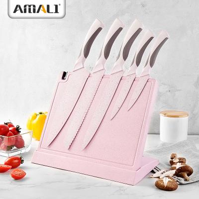 China 6 PCS Viable High Quality Non-Stick Kitchen Knife Set With Wheat Straw Magnetic Chopping Block With Removable Sharpener Block for sale