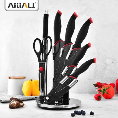 China -8 PCS Stainless Steel Durable Soft Heat Resistant Kitchen Non-Stick Handle Knife Set With Knife Block Marble Coating Acrylic Knife for sale