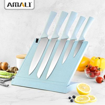 China 6PCS Durable Stainless Steel Kitchen Knife Set With Wheat Straw Magnetic Knife Holder With Knife Sharpener Chopper for sale