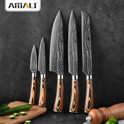 China OEM Viable Logo Customized Box Laser Damascus Kitchen Chef Knife Kitchen Knives Set With Pakka Wood Handle Cleaver Knife Set for sale