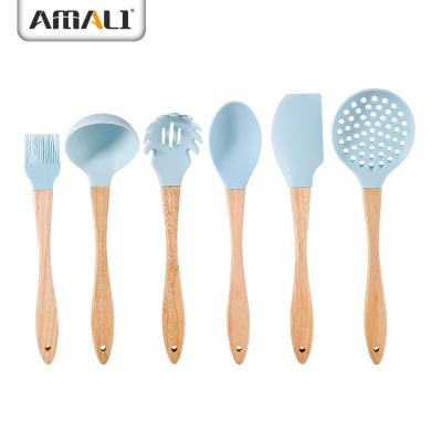 China 6 PCS Food Grade Silicone Kitchenware Sustainable Tools Utensils Silicone Tool Kit Kitchen Utensils Non-Stick Cooking Wooden Handle for sale