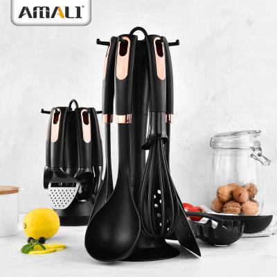 China Sustainable Hot Sale 7PCS Nylon Utensils Cooking Tool Kit Heat Resistant with Plastic Holder in Rose Gold Finished for sale