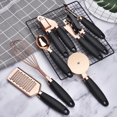 China Viable Hot Rose Gold Finished Kitchen Accessories 7PCS Amazon Selling Kitchen Gadgets Set Stainless Steel Copper Coated Utensils for sale