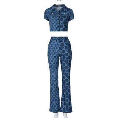 China Fall Street Viable Denim Suit Short Sleeve Printed Cardigan Pants Women Sets Two Piece for sale