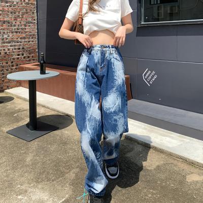 China Breathable Autumn Plus-Size Blue Tie-Dye Street Jeans Women Wide Leg Straight Leg Loose Pants for sale