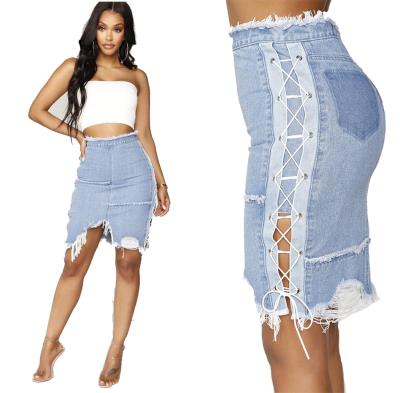 China Plus Size High Waist Fringe Details Women 2020 Denim Shorts Distress Lace Up Women Denim Skirt for sale