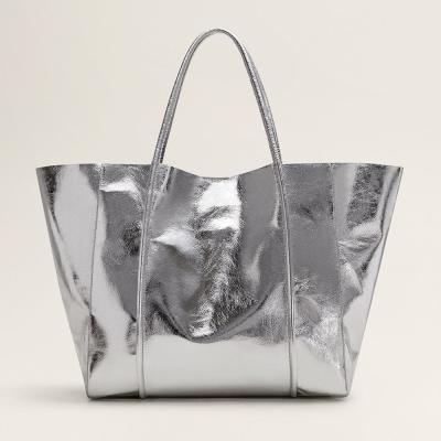 China Tote Handbag Custom Metallic Silver PU Women Shopper Hobo Handbag Vegan Ladies Silver Leather Tote Hand Bag Large for sale