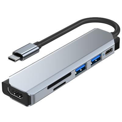 China Front-end Direct Type C Hub Expansion Dock HD Computer Aluminum Alloy Offer Six In One Hub High Speed ​​Card Reader 6 IN 1 USB Hub for sale