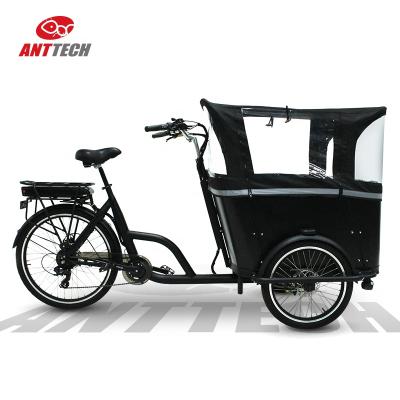 China Hot Sale Aluminum Chinese Electric Cargo Bike Classic Dutch Family Cargo Tricycle With Big Wooden Box With Baby Seat for sale