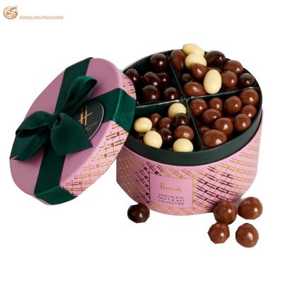 China Luxury Pink Cylinder Chocolate Box Rigid Paper Candy Macaron Top Bottom Tube Packaging With Ribbon for sale