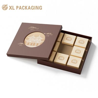 China Art Paper Lid Base Box for Moon Cake Festival Gold Foil Logo Embossed 4pcs Dessert Packaging Box for sale