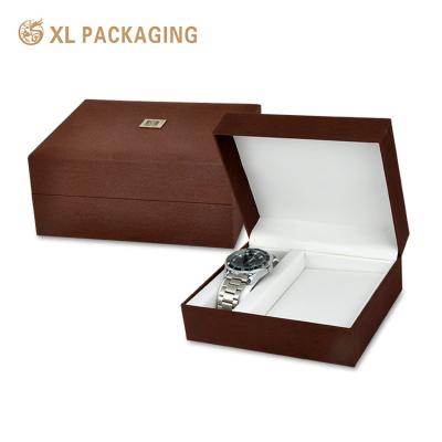 China High-End Custom Logo Flip-Top Watch Box With Lychee Texture Faux Leather Paper Rectangular Jewelry Watch Gift Case for sale