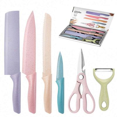 China USA Amazon FBA Kitchen Accessories Colorful Stainless Steel Knife Stocked Shipping Set Wheat Straw Handle 6pcs Knife Sets for sale