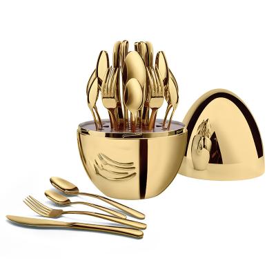 China Amazon Success 304 Stainless Steel Flatware Sets Kitchen Accessories Dinnerware Sets Kitchen Accessories Egg Shape Rack Spoon Knife Fork Stocked Gold Set for sale