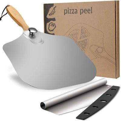 China Shipping Stocked To USA Amazon FBA Kitchen Accessories 14*12 Inches Wooden Handle Aluminum Pizza Skin With Pizza Box Pizza Shovel for sale