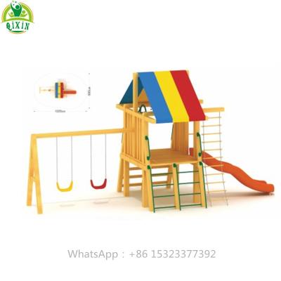 China Outdoor school/kindergarten/park/market backyard playhouse kids swingset slide woodden playset for sale