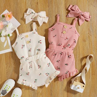 China Cotton Baby Print Open File Sling Romper Shorts Hair Belt Breathable Comfortable Three-Piece Suit Baby Clothing Sets Infant for sale