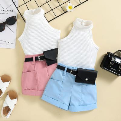 China 2022 Summer Breathable Fashion Comfort Cotton Halter Neck New Girls Set Full Waist Pack Shorts Three Piece Set for sale