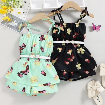 China Anti-pilling 2022 New Summer Sale Butterfly Flower Print Girls Suspenders Hot Tube Overalls Kids Top Overalls With Belt for sale