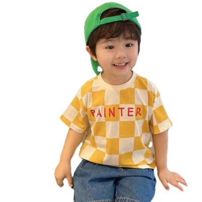 China Fashion Handsome Children's Summer Boy's Top T-Shirts Plaid Neck Pullover All-match Round Short Sleeve Breathable Boy's Top T-Shirts for sale