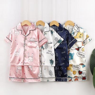 China Breathable Unisex Multi Color Optional Home Wear Kids Ice Silk Fabric Pajamas Cartoon Design Boys Girls Pajamas for sale