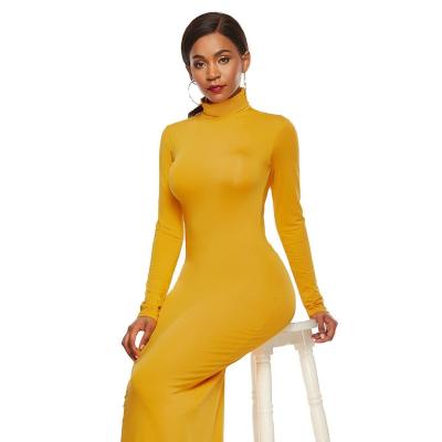 China Anti-static women European and American fashion solid color party dress casual sleeve long high neck mermaid dress for sale