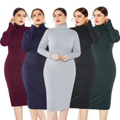 China Lovely Lady Fashion Basic Solid Color Turtle Neck Slim Stretch Neck Long Sleeve Skirt XL-5XL Knitted Loose Plus Size Sweater Dress for sale