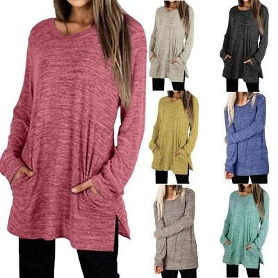 China Amazon Hot Selling Anti-Wrinkle Pocket Pure Color Women's Top Round Neck Long Sleeve Loose Mid Length Sweater for sale