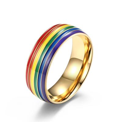 China Amazon Source Best Hyperbole Rainbow Flag Titanium Steel Ring With 18K Gold Plated Pull-On Ring Wholesale for sale