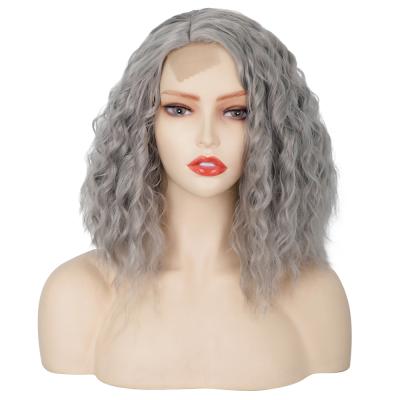 China Mid Length Gray Curly Wig Lace Frontal FRENCH LOOP Wigs For Women Synthetic Hair Halloween Cosplay Wigs for sale