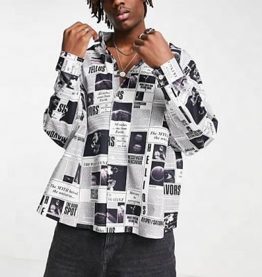 China Anti-pilling shirt men boxy oversized custom brand new design all over newspaper print shirts for men for sale