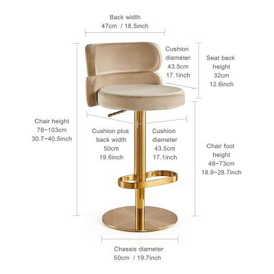 China Modern Contemporary Gold Swivel Velvet Height Adjustable Bar Stool Mid-Back Bar Stools Chair for sale