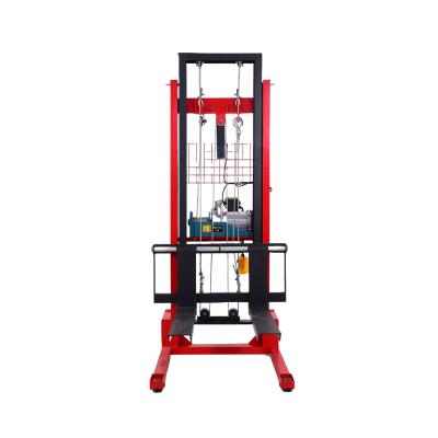 China Lifting Goods Hot Selling 1 Ton 1.6m Semi Electric Pallet Stacker With 220v Electric Hoist for sale