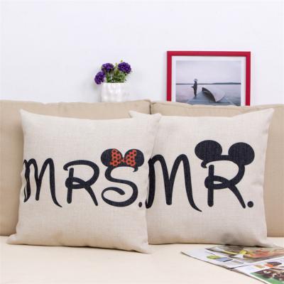 China Amazon viable hot sale custom design Minnie and Mickey printed 45*45cm linen material pillowcase for sofa for sale