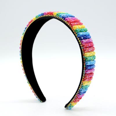 China Fashion Handmade Wide Beaded Rainbow Rhinestone Hair Band Baby Headband Hair Accessories Gorgeous Color Hair Band for sale