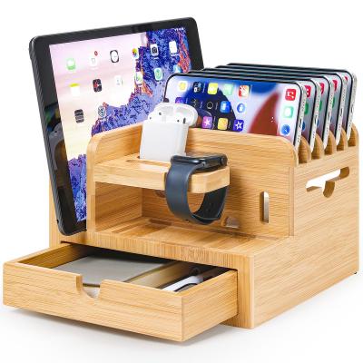 China Sustainable Natural Bamboo Bamboo Charging Desk Organizer Office Station Stand Holder For Phone Watches for sale