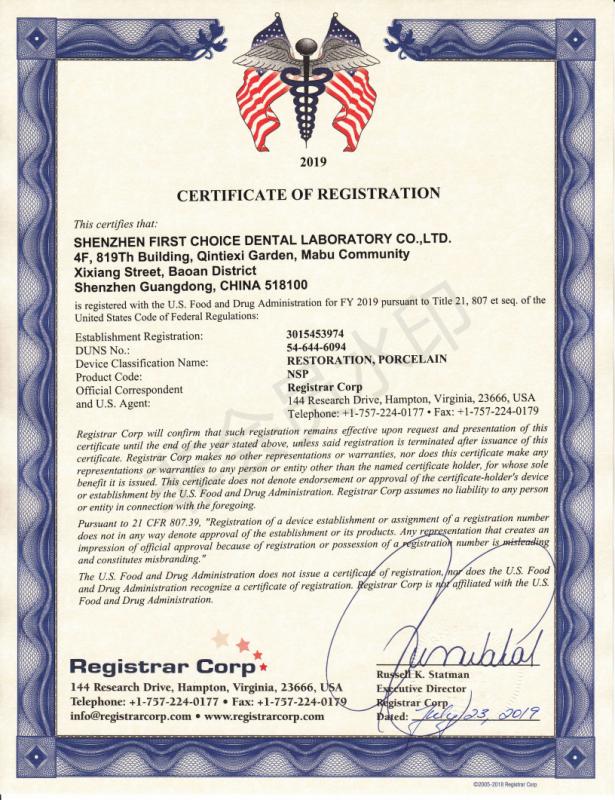 CERTIFICATE OF REGISTRATION - Shenzhen WM Dental Laboratory Co,. Ltd