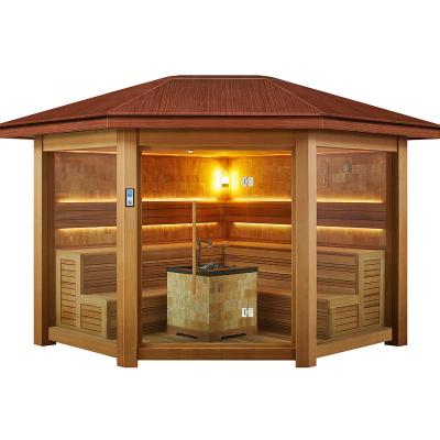 China Outdoor Computer Control Panel 5~6 Person Red Cedar / Glazed Plastic Sauna Room Gazebo PS Garden Sauna Wooden House For Decorating Culture Stone for sale