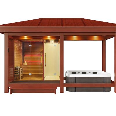 China Computer control panel and red cedar outdoor aluminum plastic panel gazebo style integrated jet area, steam dry area and massage pool area for sale