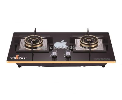 China Cast iron luxury cooktop 2 burner hotel gas cap tempered glass panel stainless steel brass body YG-B22089 for sale